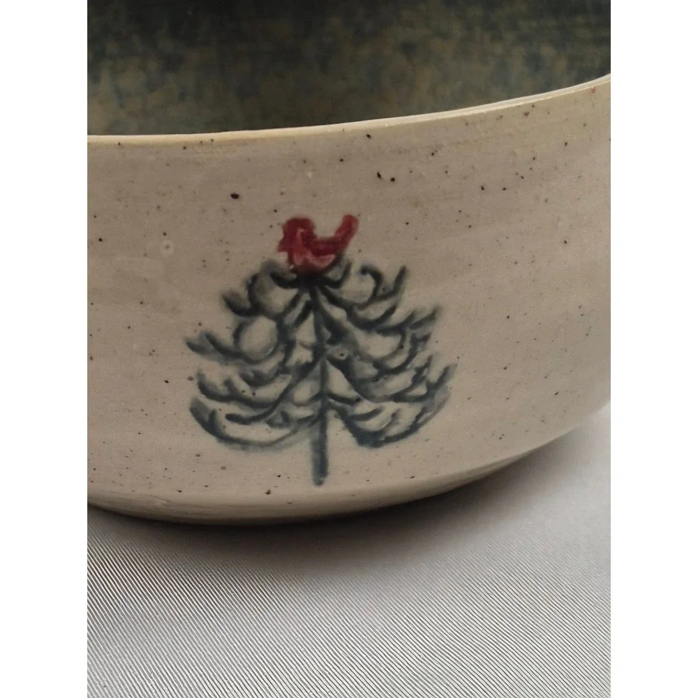 EMS Studio Pottery Stoneware Cardinal Pine Tree‎ Bowl Handmade Rustic Signed 4.5
